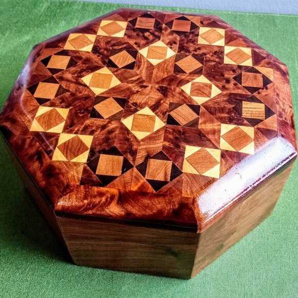 Hexagonal Burled Wood Inlay Box - Picture 1 of 4